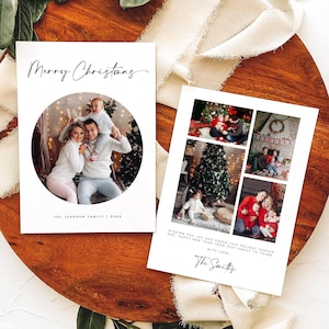 Plantilla de tarjeta navideña con foto, elegante tarjeta navideña, minimalista, con arco, feliz Navidad, plantilla editable