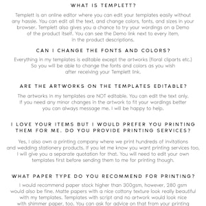 May include: FAQ about Templett, an online editor for creating and editing templates.  The text explains how to edit text, colors, fonts, and sizes.  It also mentions the ability to try out the templates with a demo link.  The text also explains that the artwork is not editable, but the text can be edited.  The text also mentions that the seller offers printing services.