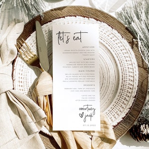 Modello di menu per matrimonio minimalista, menu per cena di nozze con testo moderno, stampabile, download digitale, menu per cena di ricevimento modificabile, #CRTNY