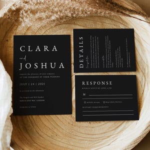 Plantilla de invitación de boda moderna en negro, invitación de boda minimalista, descarga instantánea, juego de invitaciones imprimible, blanco y negro, n.° BL69