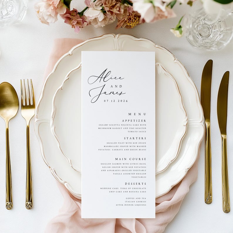 Modern Wedding Menu Template, Minimalist Printable Wedding Menu, Wedding Dinner Menu, Digital Download Editable Menu Template