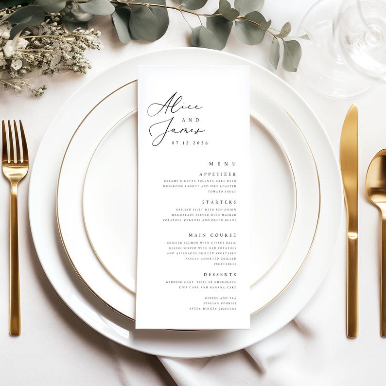 Modern Wedding Menu Template, Minimalist Printable Wedding Menu, Wedding Dinner Menu, Digital Download Editable Menu Template