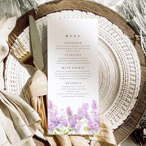 Wedding Menu Template, Floral Lavender Wedding Menu Card, Lilac Wedding Menu Printable, 4x9 DL Size, Editable Instant Download, #ALCL