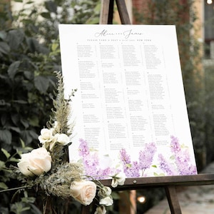 Plantilla de plano de asientos para boda, plano de asientos para boda en tonos lavanda, letrero imprimible con plano de asientos, plano de asientos para boda con flores en tonos morado y lila, #ALCL