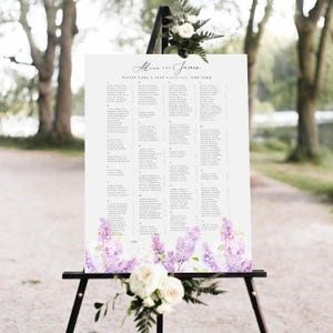 Plantilla de plano de asientos para boda, plano de asientos para boda en tonos lavanda, letrero imprimible con plano de asientos, plano de asientos para boda con flores en tonos morado y lila, #ALCL