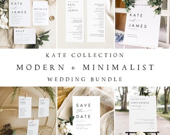 Op de afbeelding: Een huwelijksuitnodigingsset met een modern en minimalistisch ontwerp. De set bevat een save-the-date kaart, een huwelijksuitnodiging, een detailkaart, een RSVP-kaart, een huwelijksceremonieprogramma, een huwelijksfeestkaart en een welkomstbord. De kaarten zijn allemaal wit met zwarte tekst en kalligrafie. Het welkomstbord staat op een ezel met groen.
