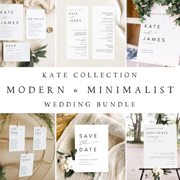 Modern Wedding Bundle, Minimalist Wedding Invitation Set, Elegant Editable Templates Wedding Stationery, Instant Download, Templett, #KATE