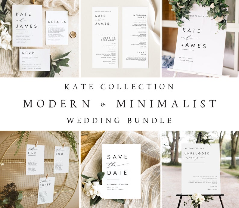 Modern Wedding Bundle, Minimalist Wedding Invitation Set, Elegant Editable Templates Wedding Stationery, Instant Download, Templett, KATE image 1