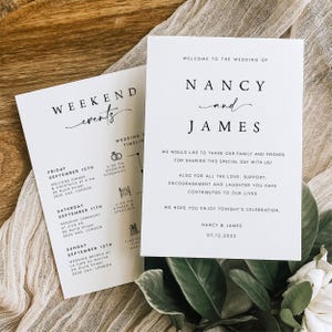 Modèle d'itinéraire de mariage à télécharger Modèle imprimable modifiable de carte de calendrier de week-end de mariage minimaliste moderne, calendrier des événements, #NNC