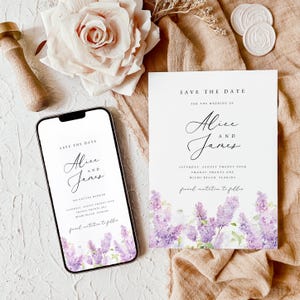Plantilla de tarjeta de invitación para boda con flores moradas, tarjeta de invitación con flores lilas, tarjeta de invitación con lavanda, descarga instantánea, #ALCL