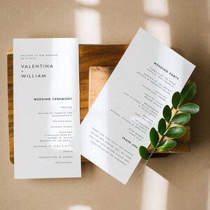May include: A white wedding ceremony programme with the couple's names, Valentina and William, and the date 24.07.2020. The programme lists the order of events for the ceremony, including the prelude, seating of parents and grandparents, processional, opening words, readings, exchange of vows and prayer, presentation of couple, and recessional. The programme also includes a separate page for the wedding party, listing the names of the parents of the bride and groom, the officiant, maid of honour, bridesmaids, best man, groomsmen, and ring bearer.