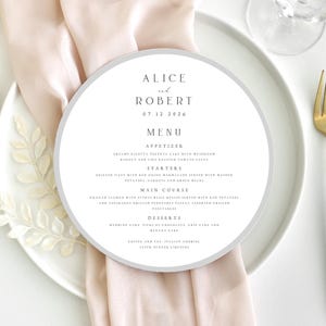 Tarjeta de menú redonda impresa con borde gris, menú circular, papelería de boda impresa, tarjetas de menú de boda modernas, minimalistas, elegantes, #ALC
