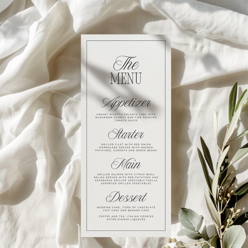 Rectangular Menus Minimalist Wedding Menu Template, Modern Dinner Menu (digital Download ...