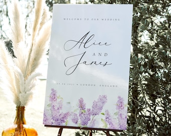 Floral Wedding Welcome Sign Digital Download Template, Purple Lilac Lavender Elegant Wedding Poster (Instant Download) ALCL