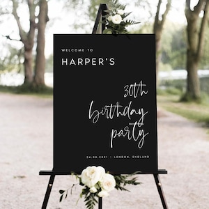 Moderne Kalligraphie Geburtstag Willkommensschild Vorlage, druckbares Geburtstags-Willkommensschild zum Geburtstag, minimalistisches Party-Willkommensschild bearbeitbar #HARPR