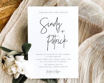 May include: A white wedding invitation with black text. The invitation reads "Together with their families, Sindy + Patrick, Request the pleasure of your company at their wedding, August twenty one, twenty-twenty two, at four o'clock in the afternoon, The Pergola and Hill, North End Way, London, England, Reception to follow."