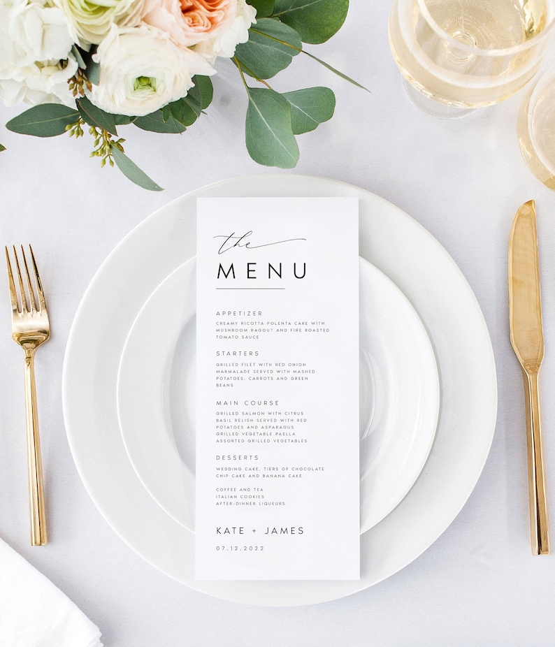 Modèle de menu de mariage minimaliste, menu de dîner de mariage de script moderne, imprimable, téléchargement numérique, menu de dîner de réception modifiable, bricolage, KATE image 3