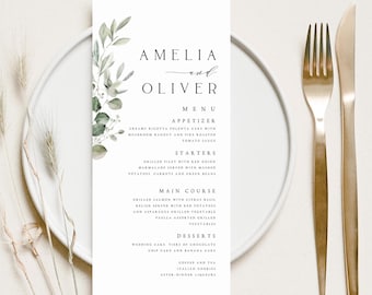 Menù di nozze con stampa di fogliame verde e acquerello, menù minimalista stampato per matrimonio, menù di nozze personalizzato, menù per cena, n. 008