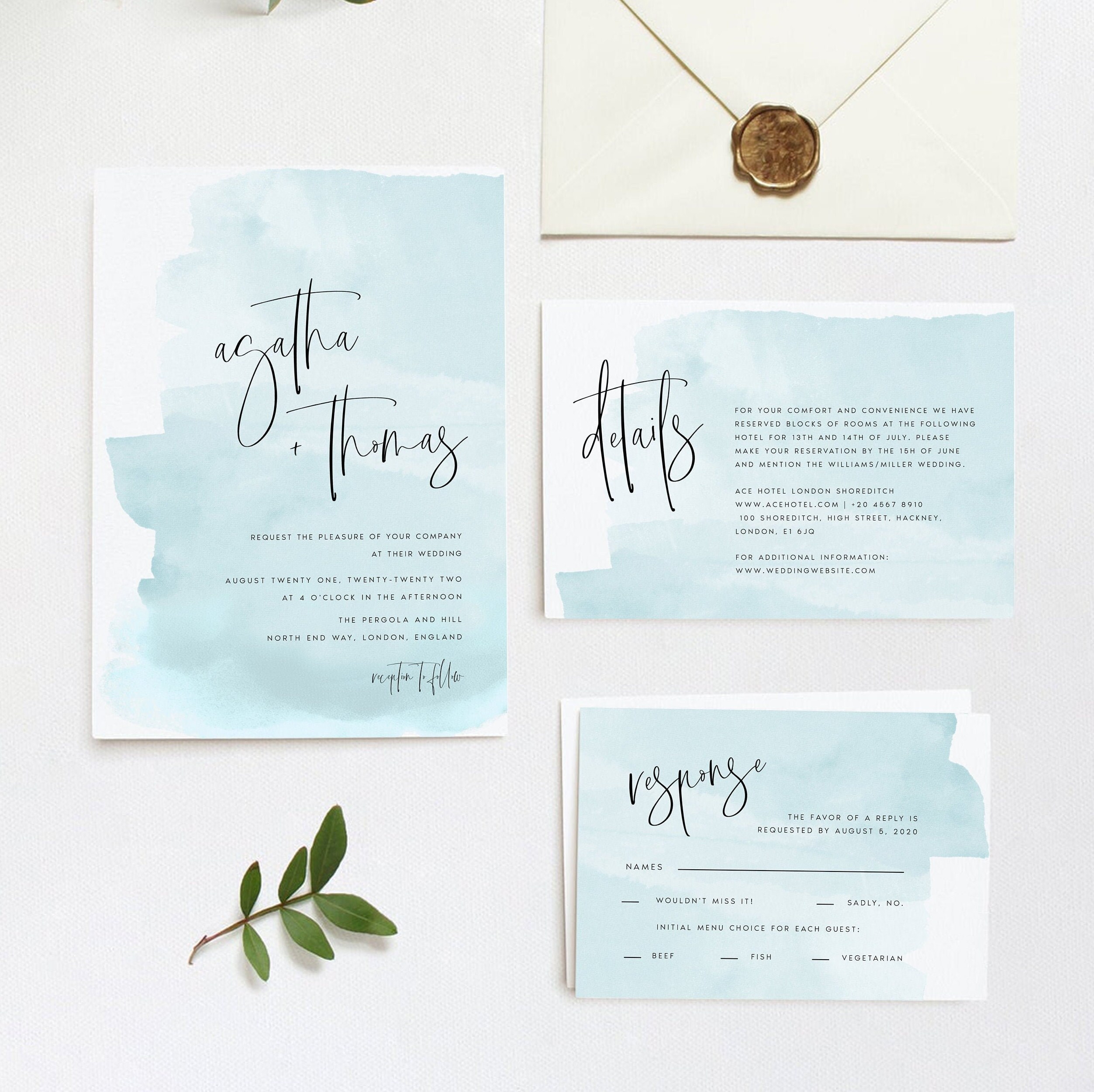 Baby Blue Watercolor Wedding Invitation, Modern Printable