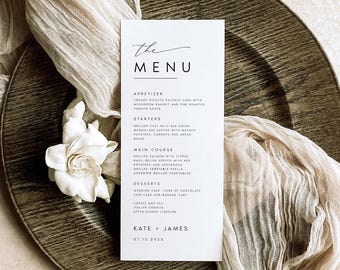 Modèle de Menu de mariage modifiable moderne en téléchargement numérique, décoration de table de menu de dîner minimaliste pour mariage, cartes de menu imprimables, KATE