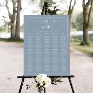 Stoffige blauwe klassieke bruiloft zitplaatsen grafieksjabloon, elegante bruiloft zitplaatsen plan teken, afdrukbaar, bewerkbaar, Templett INSTANT download, #GRGI