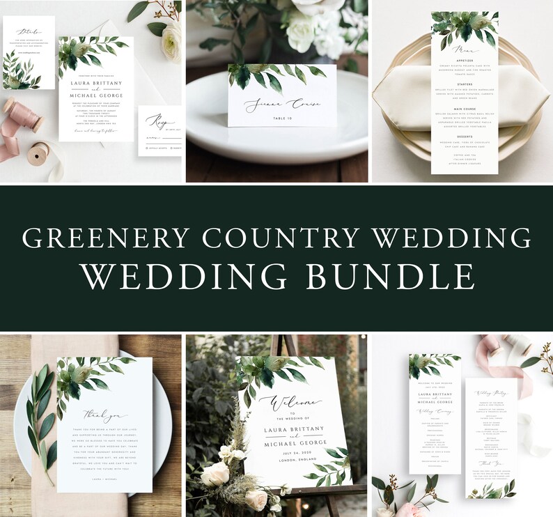 Digital Download #GRN65T Editable Greenery Wedding Template Bundle Wedding Stationery Template Elegant DIY Invitation Set Foliage