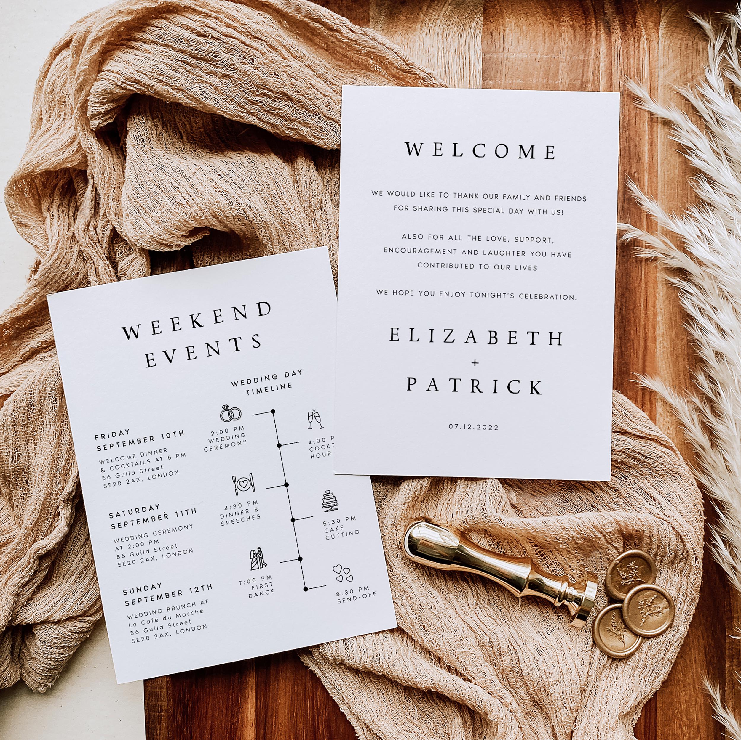 Printed Wedding Weekend Itinerary Program Cards: Weekend Timeline ...