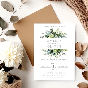 Invitaciones de boda rústicas con vegetación, elegantes, rústicas, con follaje de eucalipto, n.° 024