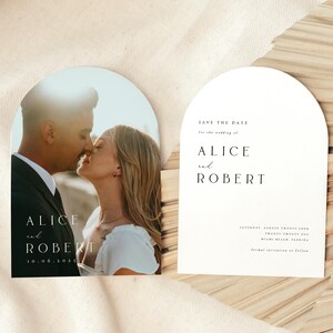 Modèle de carte de mariage minimaliste arqué réservez la date, cartes postales photo modernes de mariage, forme arquée réservez la date, faire-part de mariage, #ALC