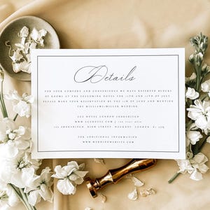 Modèle de carte minimaliste avec détails fins, décoration de mariage élégante, carte de détails modifiables, décoration d'invitation imprimable, carte de visite, #CCL