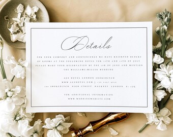 Modèle de carte de détails de mariage élégant, insertion de cartes de mariage en téléchargement numérique modifiable et imprimable, carte de script élégante, CCL