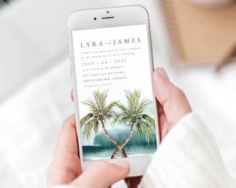 May include: A wedding invitation on a smartphone screen with a watercolor illustration of two palm trees. The text reads "LYRA and JAMES request the pleasure of your company at the ceremony of their wedding JULY 24 2021 at o'clock in the afternoon The Pergola and Hill Garden NORTH END WAY, LONDON reception to follow"