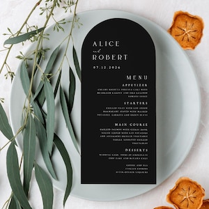 Menu de mariage imprimé minimaliste en forme d'arche, menu de dîner de mariage noir moderne, impressions de menu de dîner de réception, carte de haute qualité texturée mate, #ALC