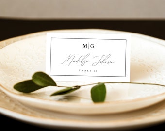 Wedding Place Card Template, Minimalist Modern Escort Card with Initials, Editable Printable Name Card, Templett, Instant Download, MDLN