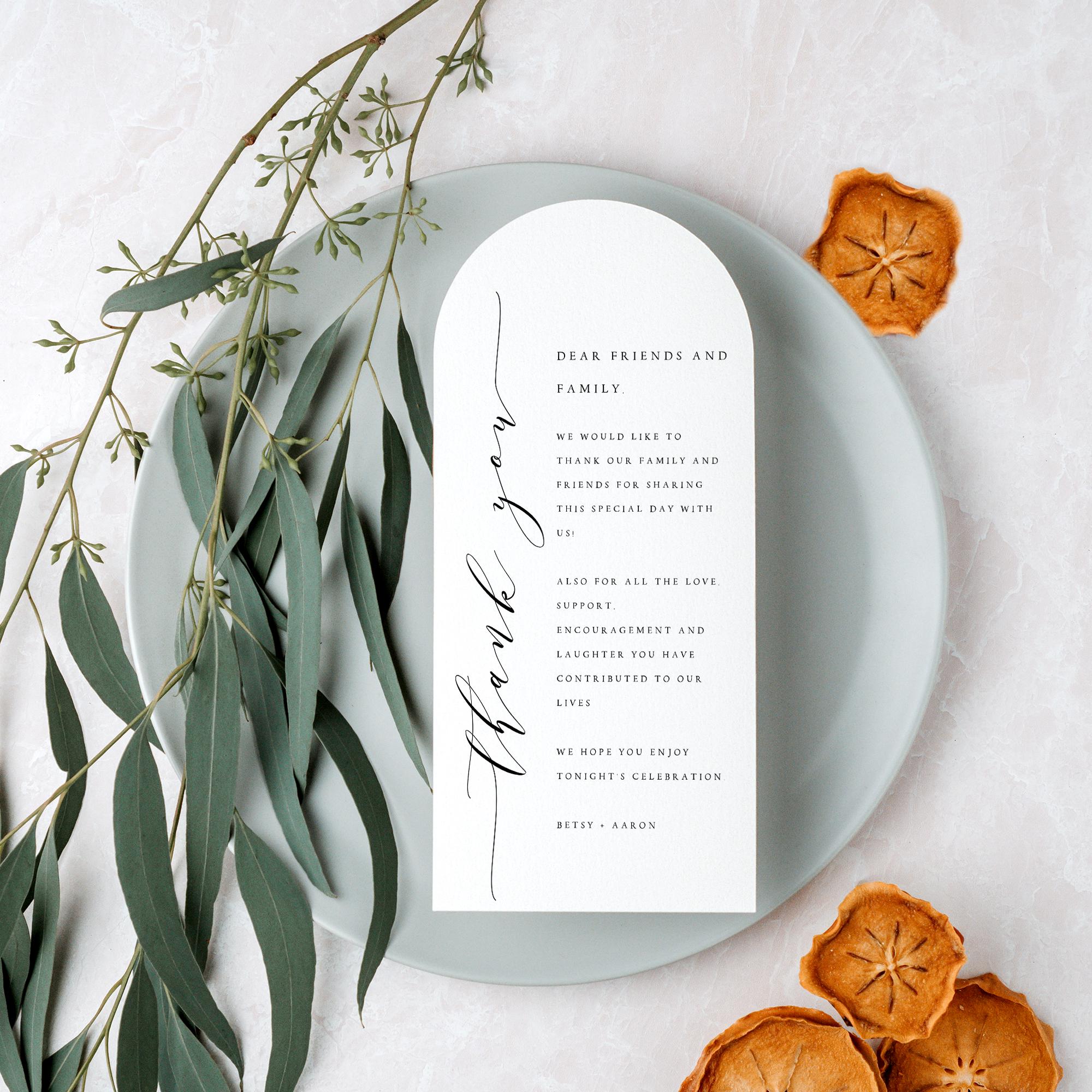 Arch Wedding Menu Cards, Modern Minimalist Black Ink, Matte Paper ...