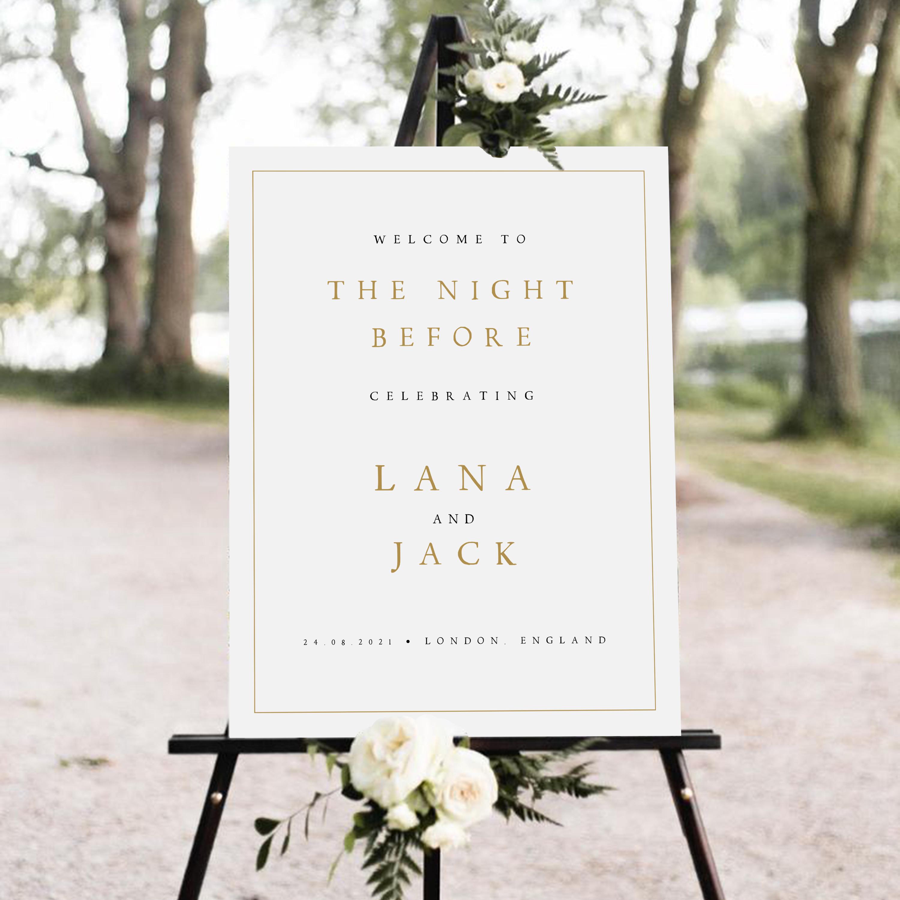 【直筆メッセージ付き】 Wandering Visitor ササクレイション GOLD Rehearsal Dinner Welcome Sign Template, the Night Before
