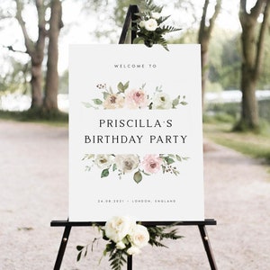 Floral Welcome Birthday Party Sign, Minimalist Pink Birthday Welcome Sign, Birthday Party Decorations, DIY, Elegant Birthday Sign, #PRIS