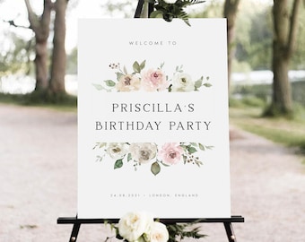 Blumen Geburtstag Willkommensschild, Rosa & Grün, DIY (Digitaler Download) PRIS