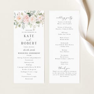 Tarjetas del programa de la boda: Itinerario de la ceremonia con elegantes motivos florales en rosa rubor, orden del servicio impresa con motivos botánicos en rosa empolvado, MARGOT15