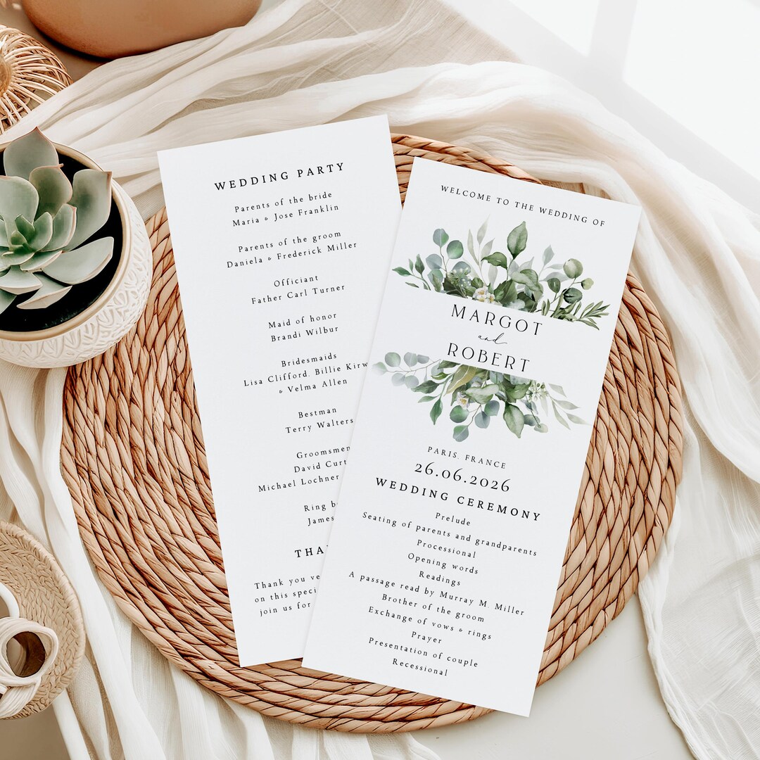 Greenery Wedding Program Cards, Elegant White Floral Green Ceremony ...