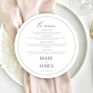 Okrągłe drukowane karty menu, Menu okrągłe, Drukowana papeteria ślubna, Nowoczesne karty menu ślubne, Minimalistyczne, Klasyczne, Eleganckie, #DIANE
