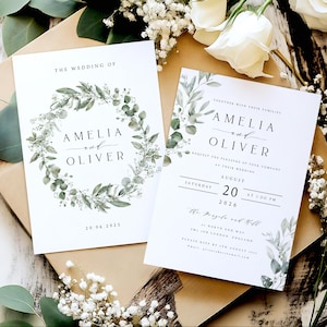 Suite de faire-part de mariage verdure, faire-part de mariage verdure aquarelle, enveloppes kraft ou blanches, papier mat texturé, bohème rustique #008