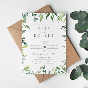 Conjunto de invitaciones de boda con vegetación, invitaciones de boda con acuarela, sobres kraft o blancos, papel mate texturizado, estilo rústico bohemio n.° 003