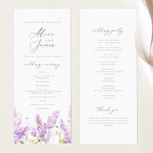 Sjabloon bruiloftsprogramma's lavendel, lila boho-ceremonieprogramma, bloemen elegant groen paars route, afdrukbaar, instant download #ALCL