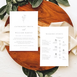 Plantilla de carta de bienvenida botánica y cronograma, orden de eventos minimalista para bodas, itinerario de boda, texto editable con descarga instantánea, #CATHER
