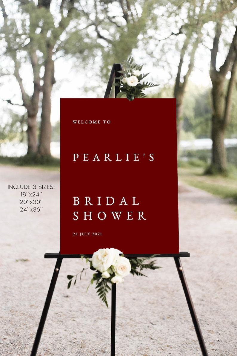 Dark Red #PRLIE Printable Burgundy Welcome Poster Template Boho Instant Download Modern Bridal Shower Welcome Sign Minimalist
