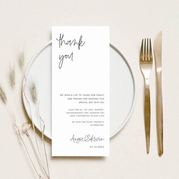 Modern Wedding Table Thank You Card Template, Minimal Printable Thank You Cards, Calligraphy, Script, Instant Download, Templett, #ANGIE