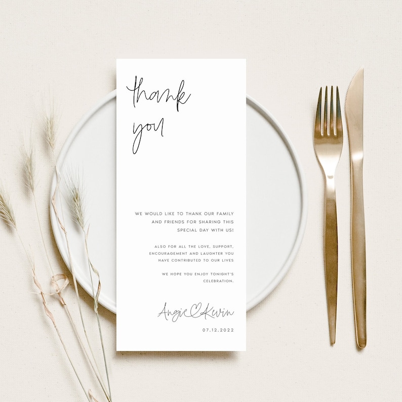 Modern Wedding Table Thank You Card Template, Minimal Printable Thank You Cards, Calligraphy, Script, Instant Download, Templett, ANGIE image 1
