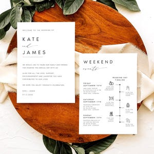 Elegant Wedding Weekend Itinerary Template, Editorial Welcome Note, Script Wedding Insert Card, Wedding Timeline, Order Of Events, KATE