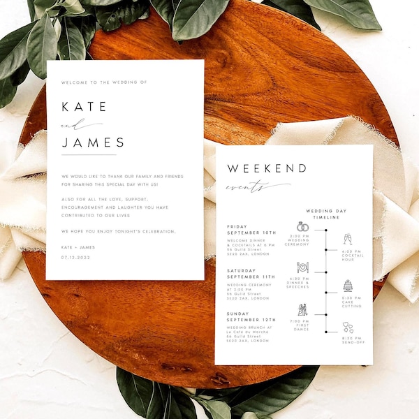 Wedding Weekend Itinerary Template, Editable Minimalist Program Schedule, Wedding Timeline Card, Instant Download, Templett, KATE